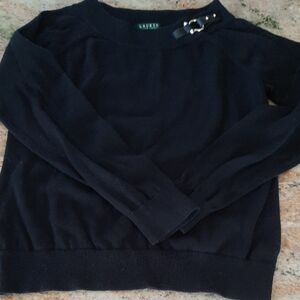 Lauren Ralph Lauren Black Crewneck Sweater with Shoulder Buckle Accent